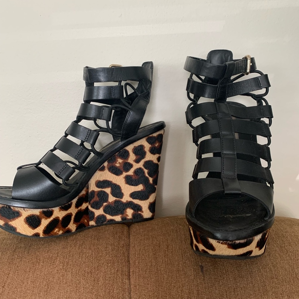 Diane von Furstenberg Black W/ Leopard Lexington Sandal Pony Hair